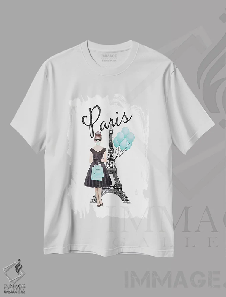 تیشرت سفید طرح دار برج ایفل با آدری و بادکنک ها، تزئینی اثر آماندا گرینوود | فروشگاه ایماژ