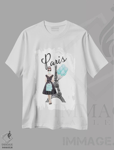 تیشرت سفید طرح دار برج ایفل با آدری و بادکنک ها، تزئینی اثر آماندا گرینوود | فروشگاه ایماژ