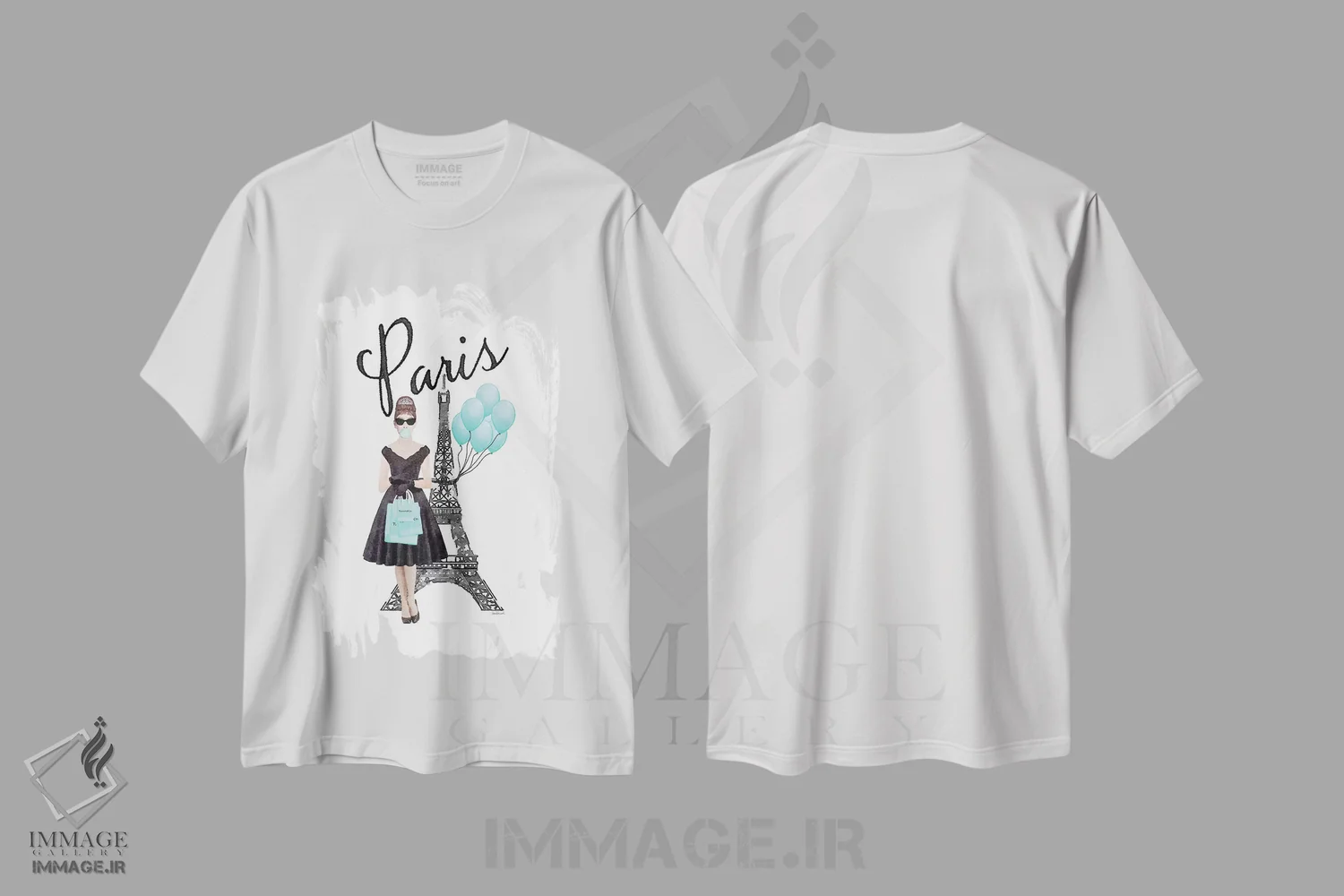 تیشرت سفید طرح دار برج ایفل با آدری و بادکنک ها، تزئینی اثر آماندا گرینوود | فروشگاه ایماژ