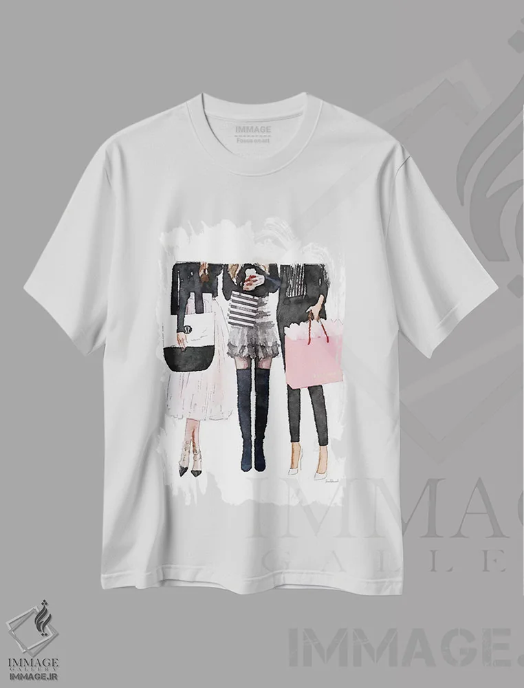 تیشرت سفید طرح دار سه دوست صمیمی مشکی و صورتی روشن، تزئینی اثر آماندا گرینوود | فروشگاه ایماژ