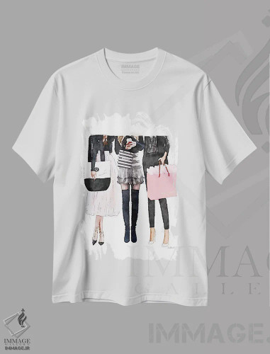 تیشرت سفید طرح دار سه دوست صمیمی مشکی و صورتی روشن، تزئینی اثر آماندا گرینوود | فروشگاه ایماژ