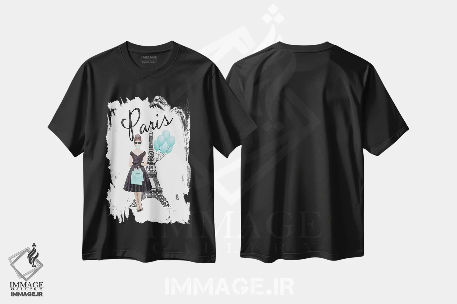 تیشرت مشکی طرح دار برج ایفل با آدری و بادکنک ها، تزئینی اثر آماندا گرینوود | immage.ir