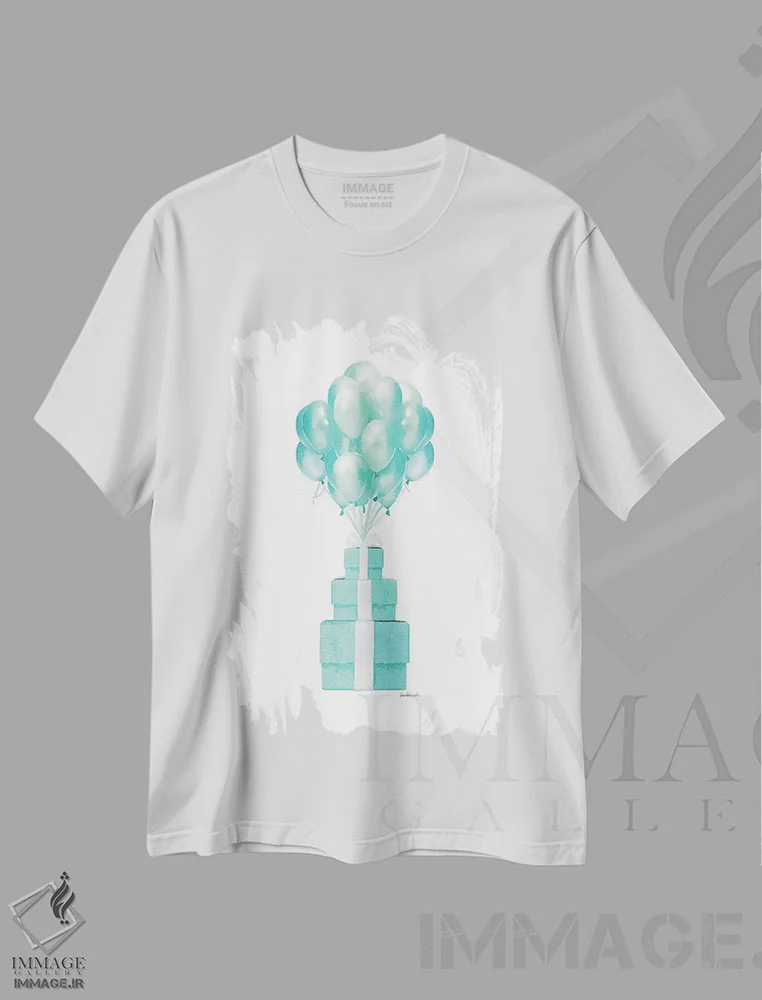 تیشرت سفید طرح دار Teal,بادکنک ها و جعبه های هدیه به رنگ فیروزه ای، تزئینی اثر آماندا گرینوود | فروشگاه ایماژ