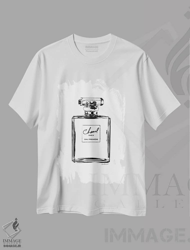 تیشرت سفید طرح دار طرح خطی بطری عطر مشکی، هنر تزئینی سیاه و سفید اثر آماندا گرینوود | فروشگاه ایماژ