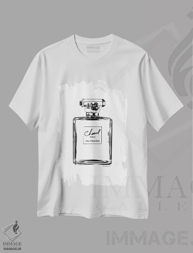 تیشرت سفید طرح دار طرح خطی بطری عطر مشکی، هنر تزئینی سیاه و سفید اثر آماندا گرینوود | فروشگاه ایماژ