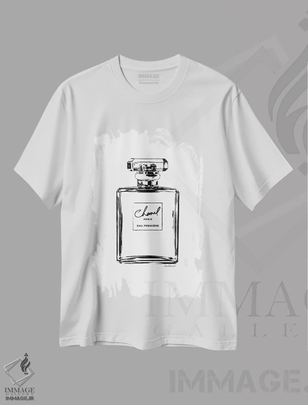 تیشرت سفید طرح دار طرح خطی بطری عطر مشکی، هنر تزئینی سیاه و سفید اثر آماندا گرینوود | فروشگاه ایماژ