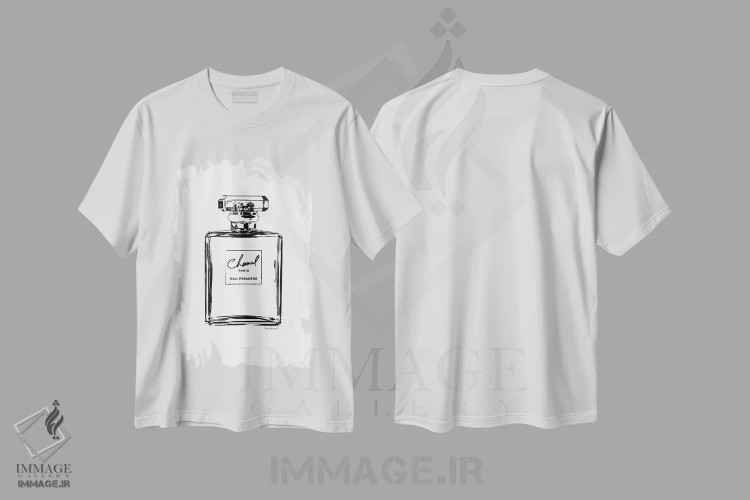 تیشرت سفید طرح دار طرح خطی بطری عطر مشکی، هنر تزئینی سیاه و سفید اثر آماندا گرینوود | فروشگاه ایماژ