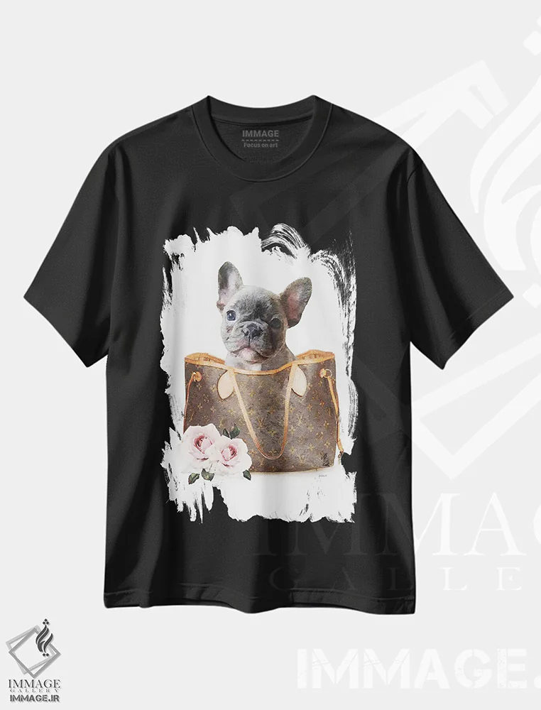 تیشرت مشکی طرح دار کیف دوشی قهوه ای با فرنچ بولداگ خاکستری، تزئینی اثر آماندا گرینوود | فروشگاه ایماژ