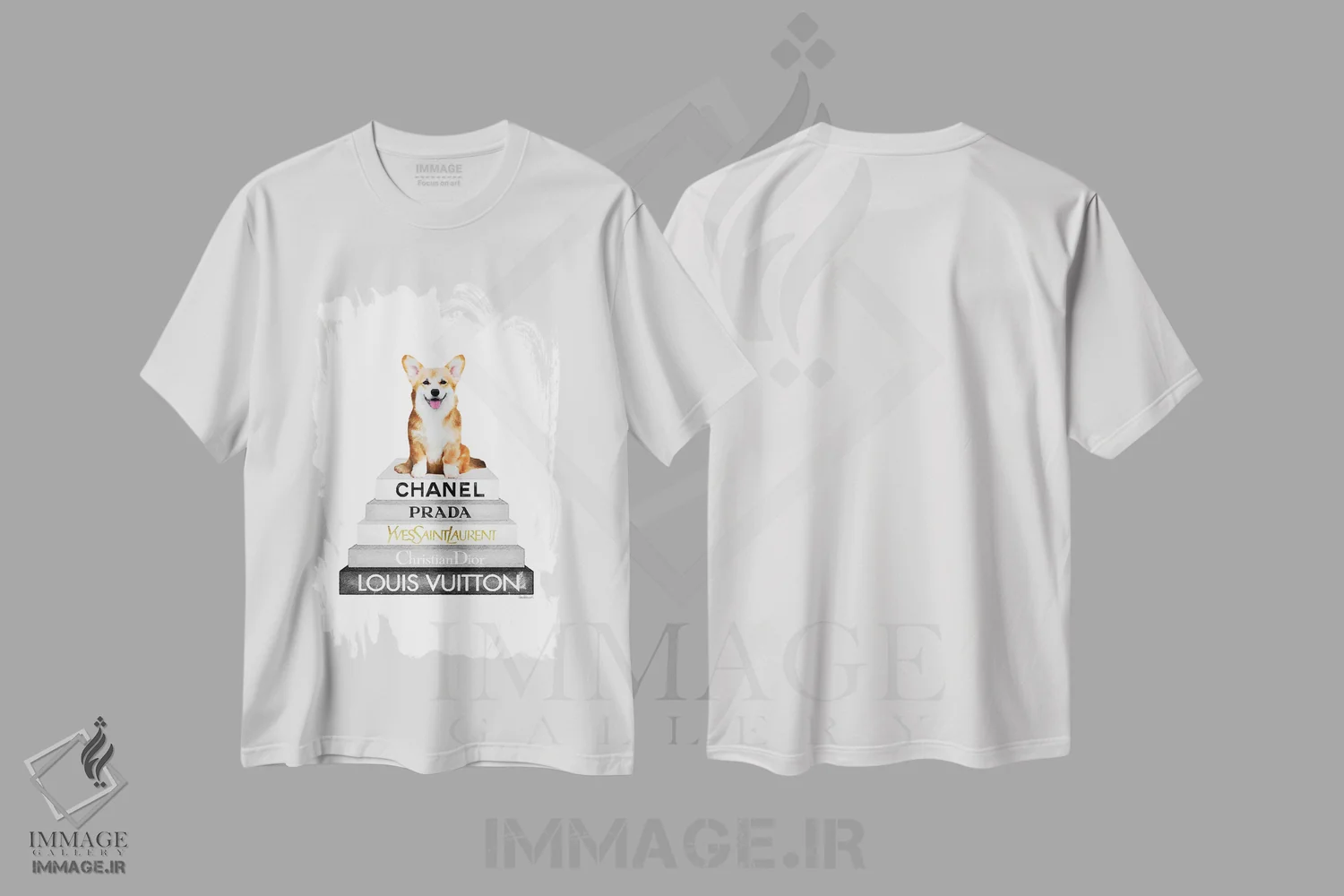 تیشرت سفید طرح دار کتاب های مد خاکستری با سگ کورگی، تزئینی اثر آماندا گرینوود | فروشگاه ایماژ