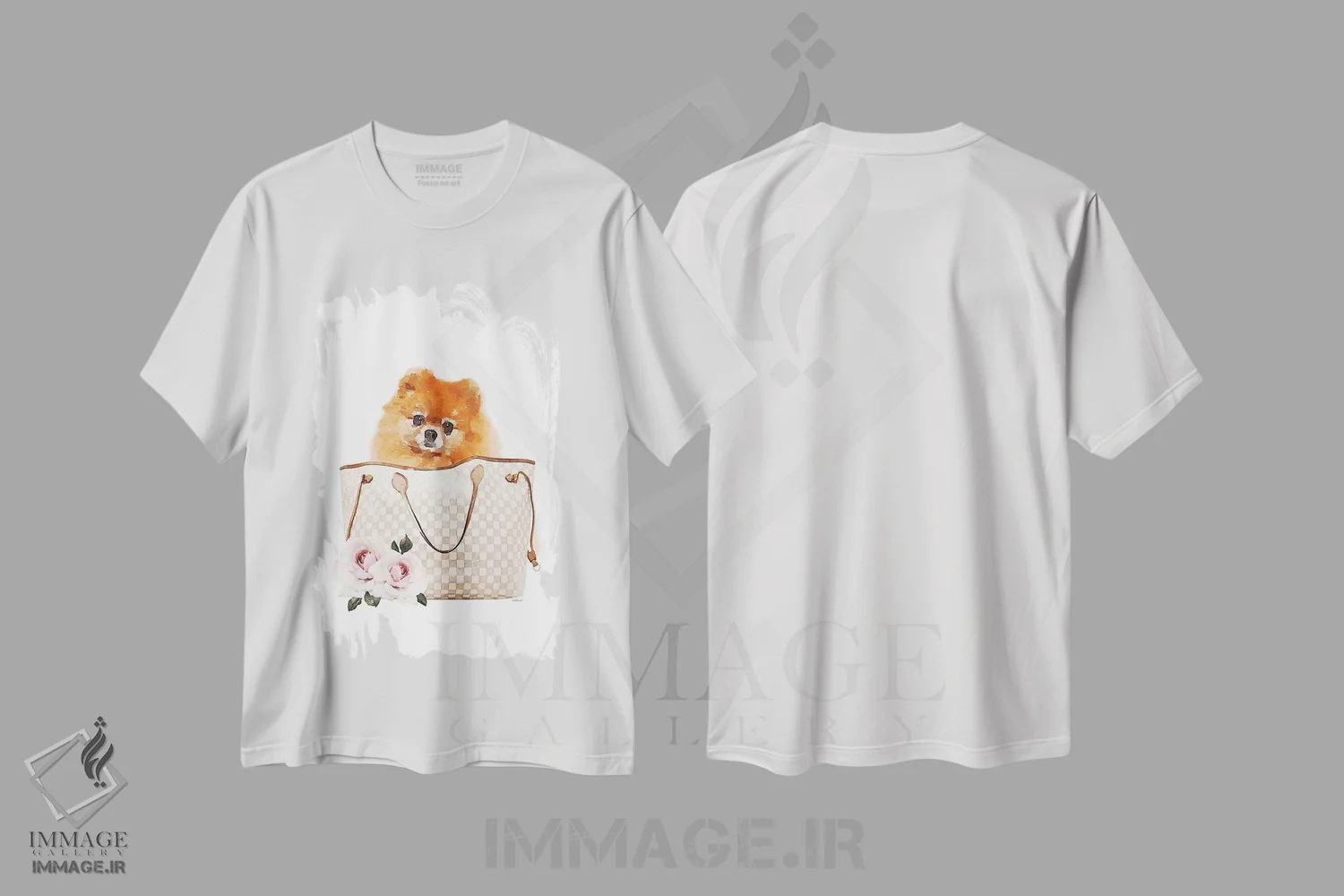 تیشرت سفید طرح دار کیف دوشی خاکستری/کرم با سگ پامرانیان، تزئینی اثر آماندا گرینوود | فروشگاه ایماژ