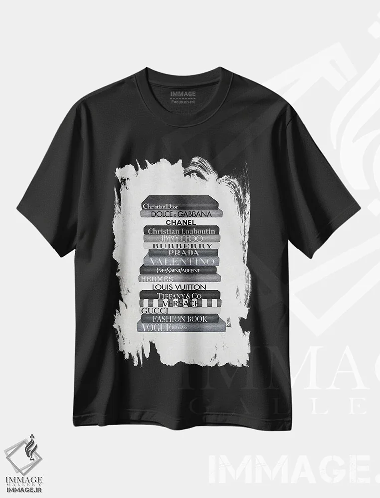 تیشرت مشکی طرح دار دسته کتاب مد لوکس سیاه و سفید، تزئینی اثر آماندا گرینوود | immage.ir