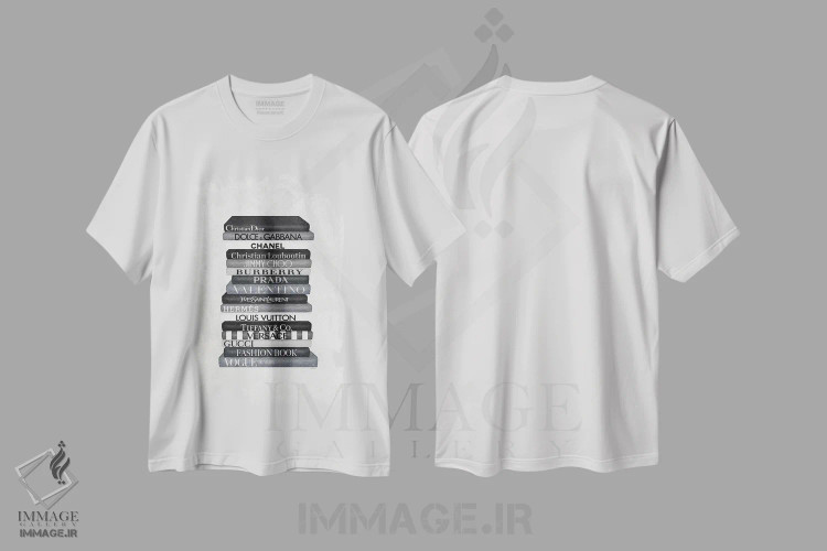 تیشرت سفید طرح دار دسته کتاب مد لوکس سیاه و سفید، تزئینی اثر آماندا گرینوود | فروشگاه ایماژ
