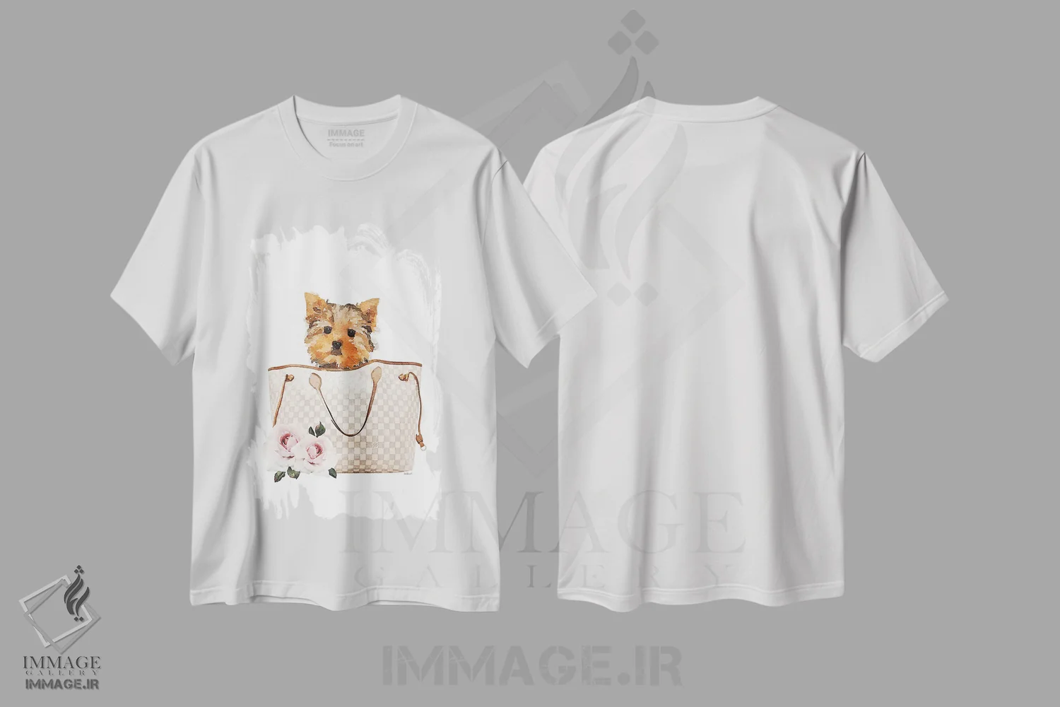 تیشرت سفید طرح دار کیف دوشی خاکستری/کرم با سگ یورکی، تزئینی اثر آماندا گرینوود | immage.ir