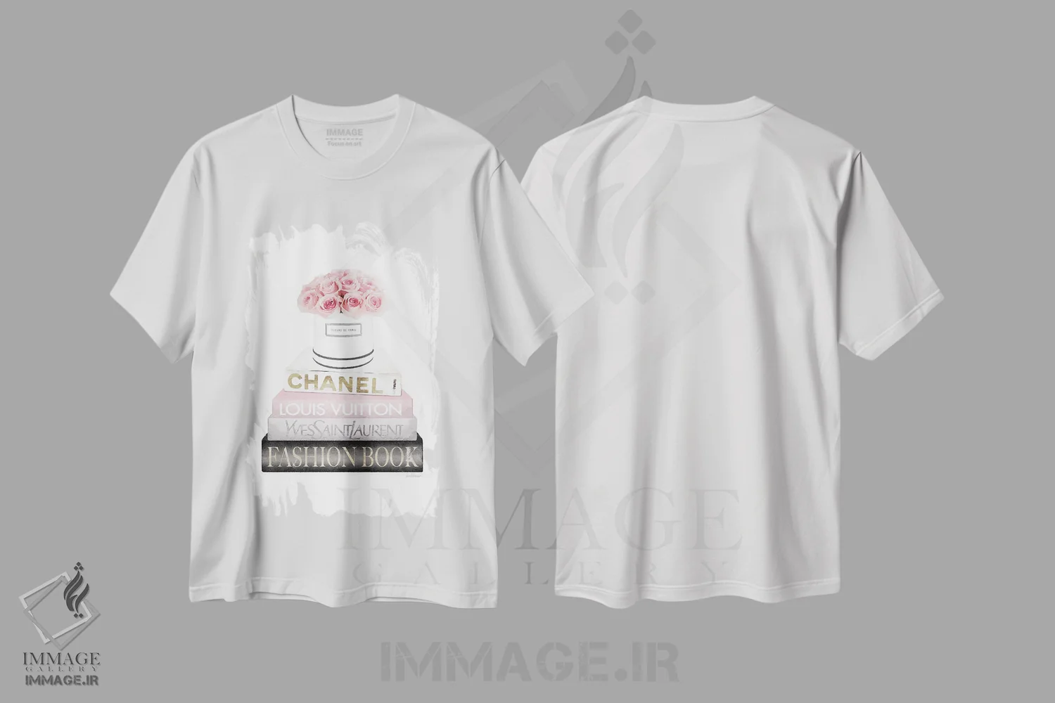 تیشرت سفید طرح دار کتاب های جدید خاکستری و صورتی روشن با جعبه گل رز، تزئینی اثر آماندا گرینوود | فروشگاه ایماژ