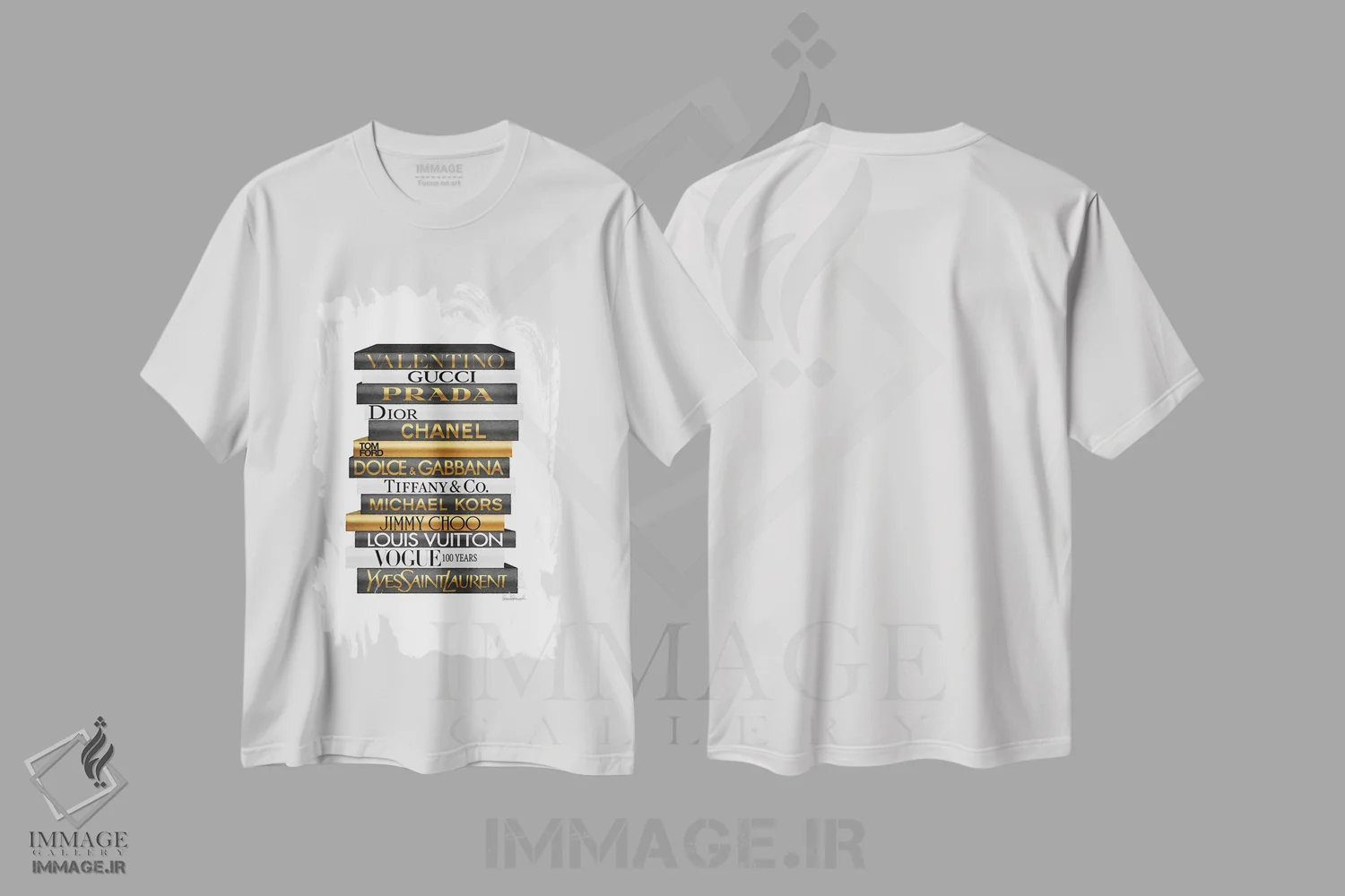 تیشرت سفید طرح دار کتاب های بلند مد مشکی و طلایی، تزئینی اثر آماندا گرینوود | فروشگاه ایماژ