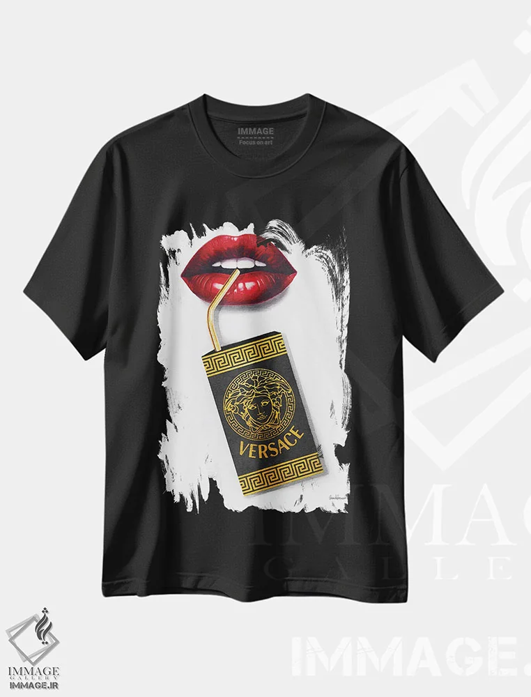 تیشرت مشکی طرح دار بسته آبمیوه سیاه و طلایی، تزئینی اثر آماندا گرینوود | فروشگاه ایماژ