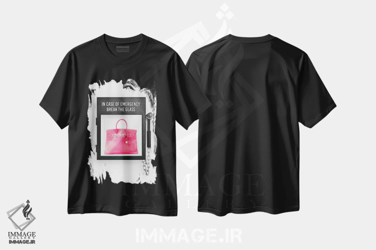 تیشرت مشکی طرح دار With Pink Bag,در صورت اضطرار با کیف صورتی، تزئینی اثر آماندا گرینوود | immage.ir
