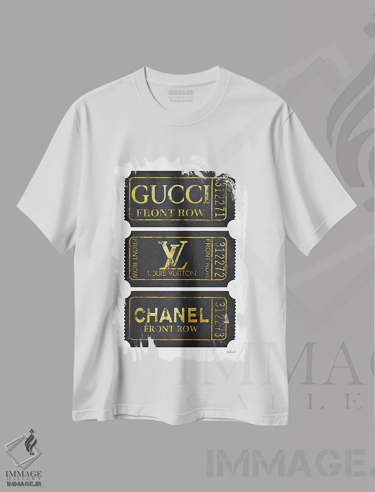 تیشرت سفید طرح دار ردیف جلو در طلایی و مشکی، تزئینی اثر آماندا گرینوود | فروشگاه ایماژ