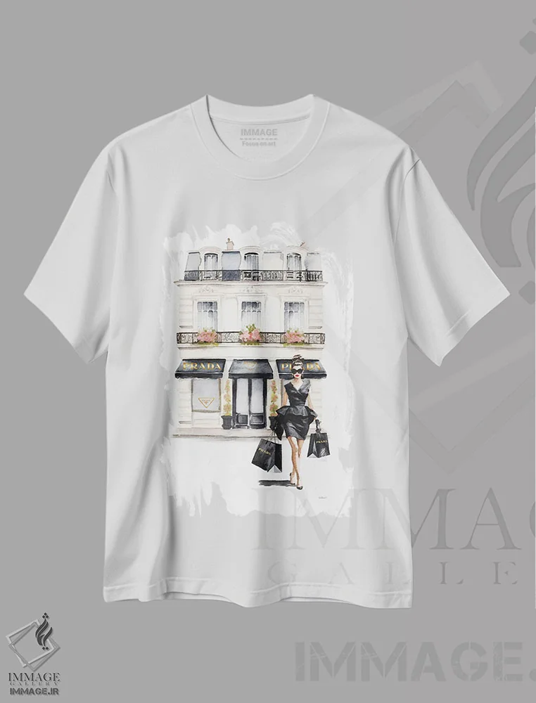 تیشرت سفید طرح دار خرید از ویترین فروشگاه به رنگ مشکی، تزئینی اثر آماندا گرینوود | فروشگاه ایماژ