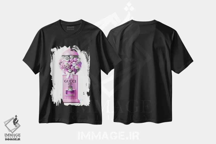 تیشرت مشکی طرح دار دستگاه توپ آدامس در رنگ سرخابی، تزئینی اثر آماندا گرینوود | فروشگاه ایماژ