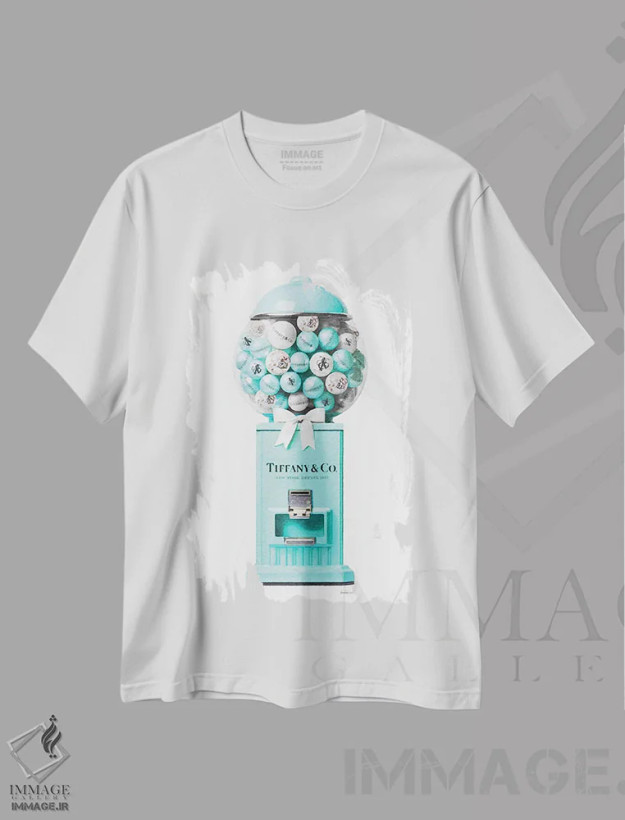 تیشرت سفید طرح دار دستگاه توپ آدامس در رنگ فیروزه ای، تزئینی اثر آماندا گرینوود | فروشگاه ایماژ