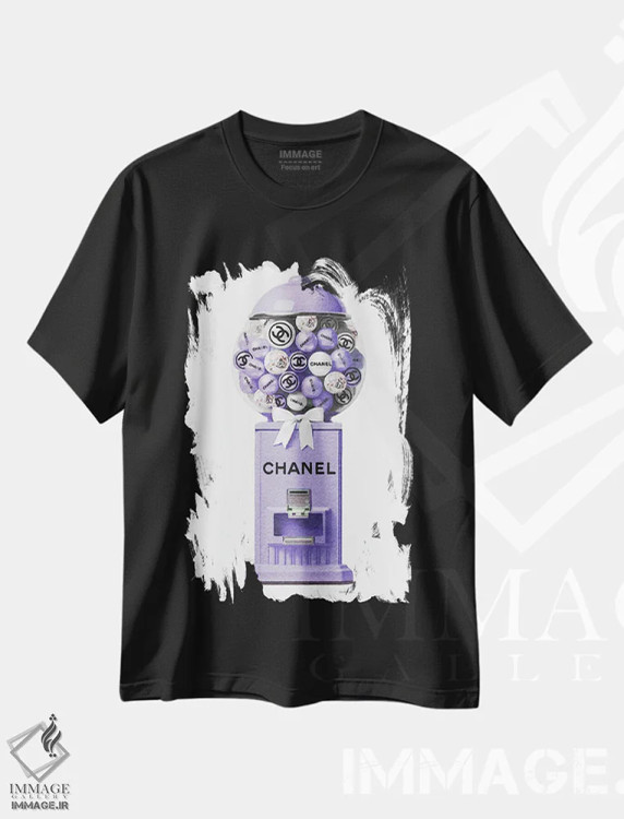تیشرت مشکی طرح دار دستگاه توپ آدامس در رنگ بنفش، تزئینی اثر آماندا گرینوود | فروشگاه ایماژ