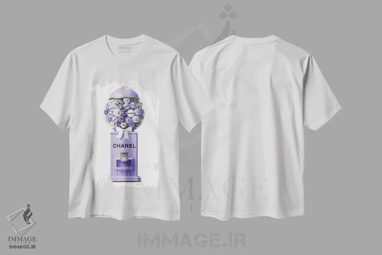 تیشرت سفید طرح دار دستگاه توپ آدامس در رنگ بنفش، تزئینی اثر آماندا گرینوود | immage.ir