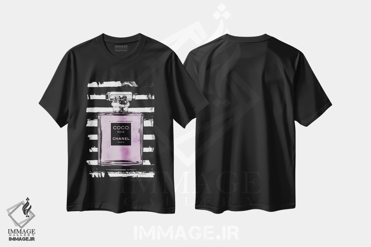 تیشرت مشکی طرح دار عطر بنفش بر روی خطوط مشکی، تزئینی اثر آماندا گرینوود | immage.ir