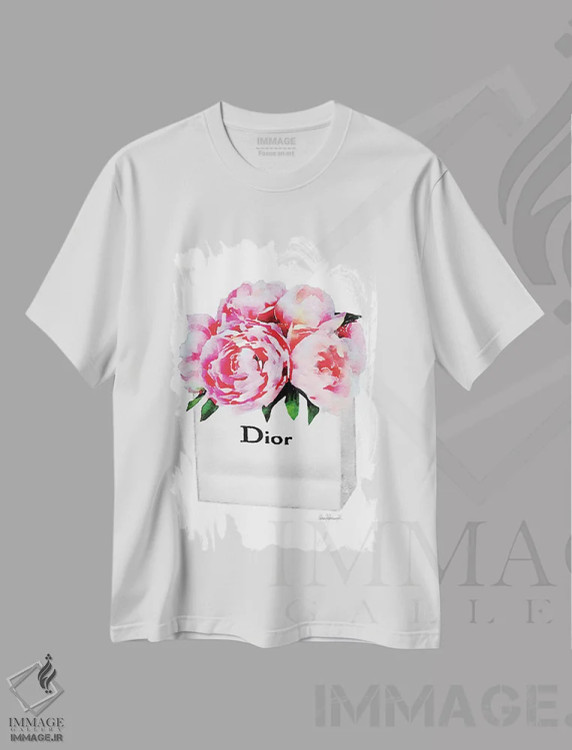تیشرت سفید طرح دار کیسه خرید فشن کوچک با گل صدتومانی صورتی، تزئینی اثر آماندا گرینوود | فروشگاه ایماژ