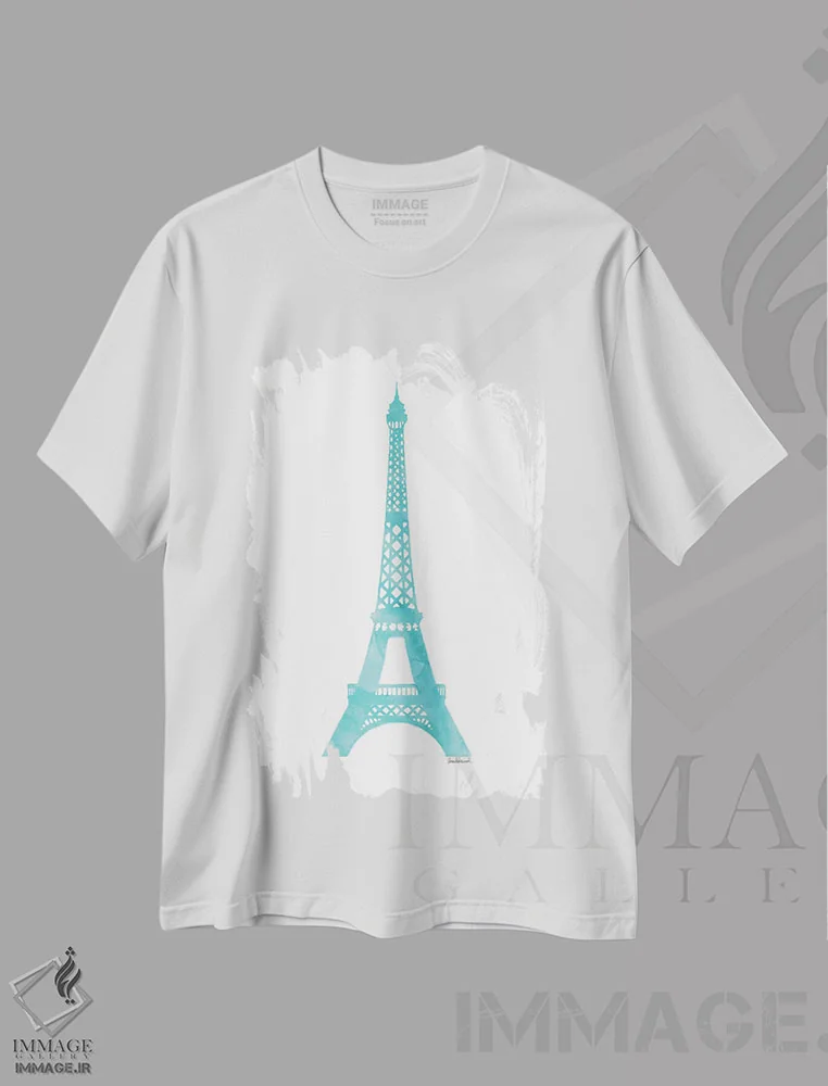 تیشرت سفید طرح دار برج ایفل به رنگ فیروزه ای، تزئینی اثر آماندا گرینوود | immage.ir