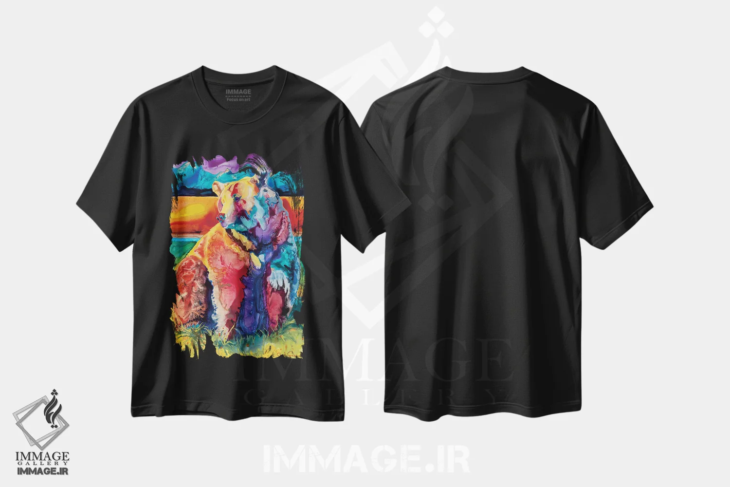تیشرت مشکی طرح دار خرس رنگین کمانی برر، دکور کلبه و لژ اثر کالی گاریس | فروشگاه ایماژ