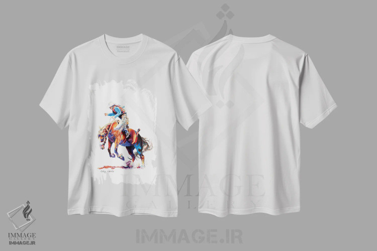 تیشرت سفید طرح دار شیهه زدن A، دکور کلبه و لژ اثر کالی گاریس | فروشگاه ایماژ