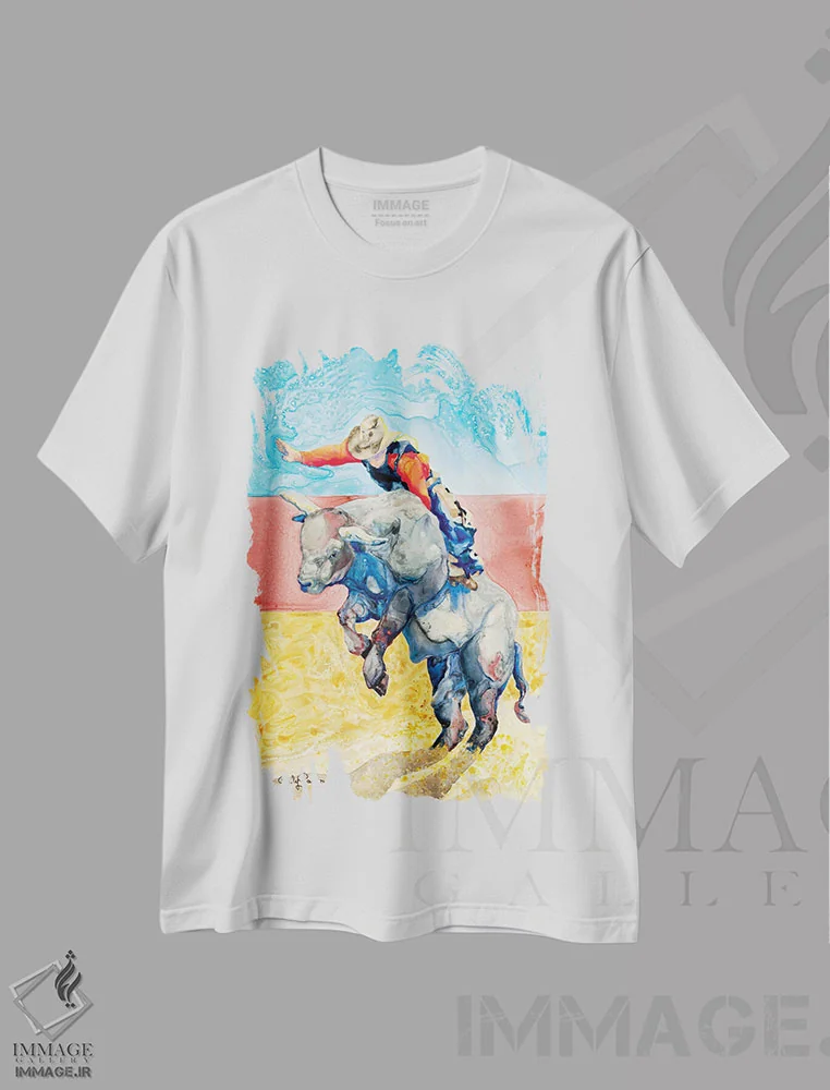 تیشرت سفید طرح دار سوار بر گاو، دکور کلبه و لژ اثر کالی گاریس | immage.ir