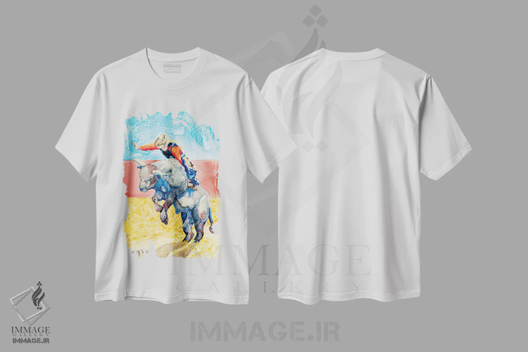 تیشرت سفید طرح دار سوار بر گاو، دکور کلبه و لژ اثر کالی گاریس | immage.ir