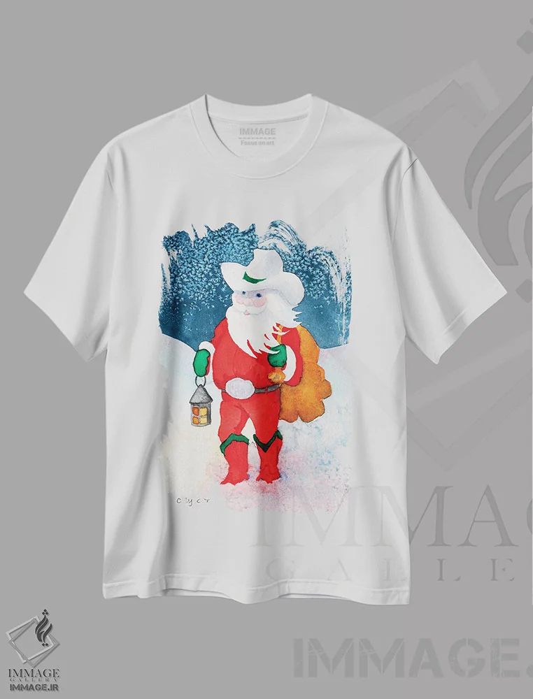 تیشرت سفید طرح دار بابانوئل کابوی، هنر دیجیتال اثر کالی گاریس | فروشگاه ایماژ