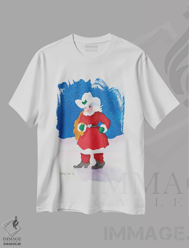 تیشرت سفید طرح دار خانم کلاوس کابوی، هنر دیجیتال اثر کالی گاریس | فروشگاه ایماژ
