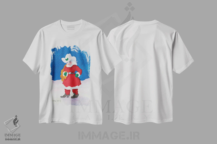 تیشرت سفید طرح دار خانم کلاوس کابوی، هنر دیجیتال اثر کالی گاریس | فروشگاه ایماژ