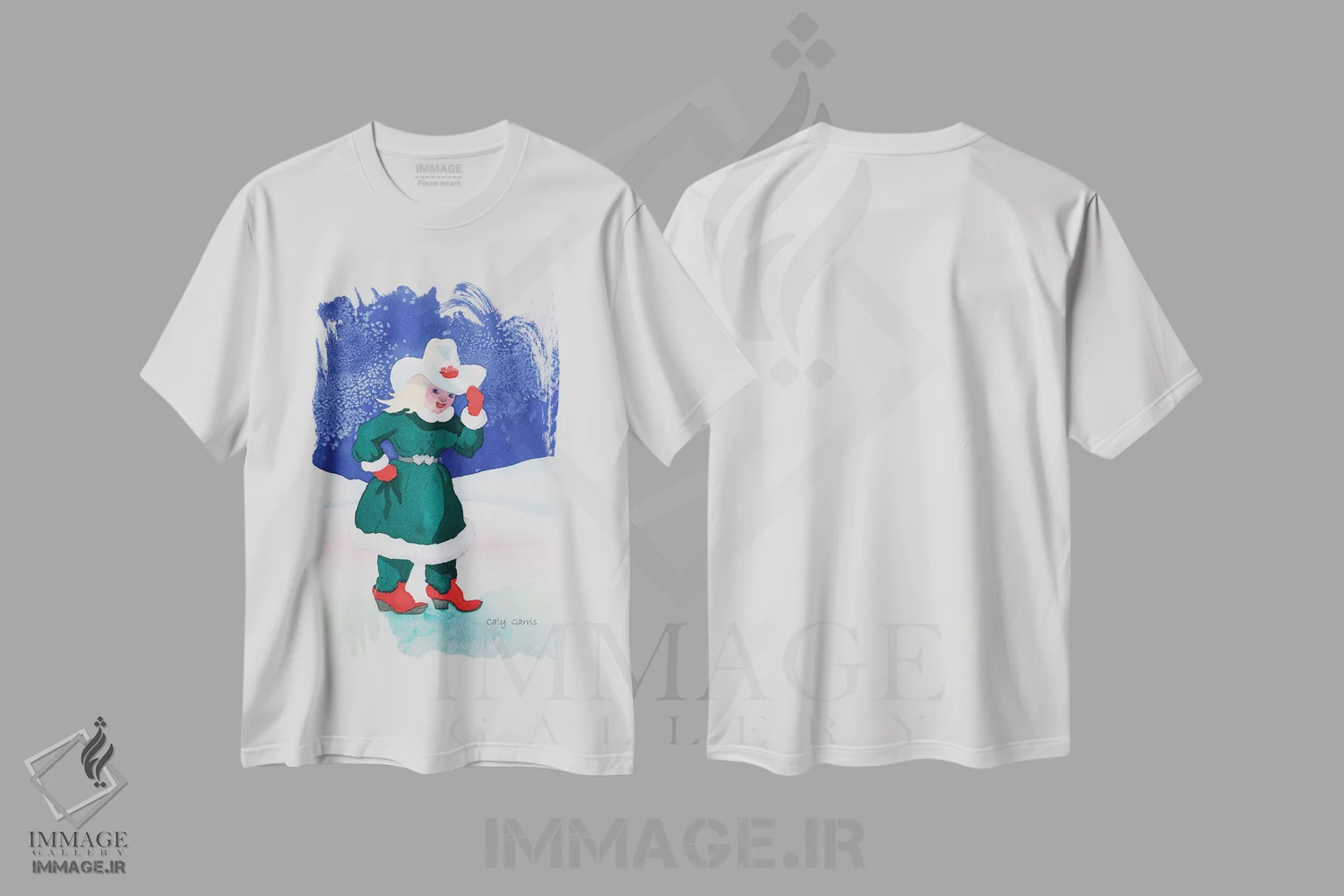تیشرت سفید طرح دار خانم کلاوس کابوی، هنر دیجیتال اثر کالی گاریس | immage.ir