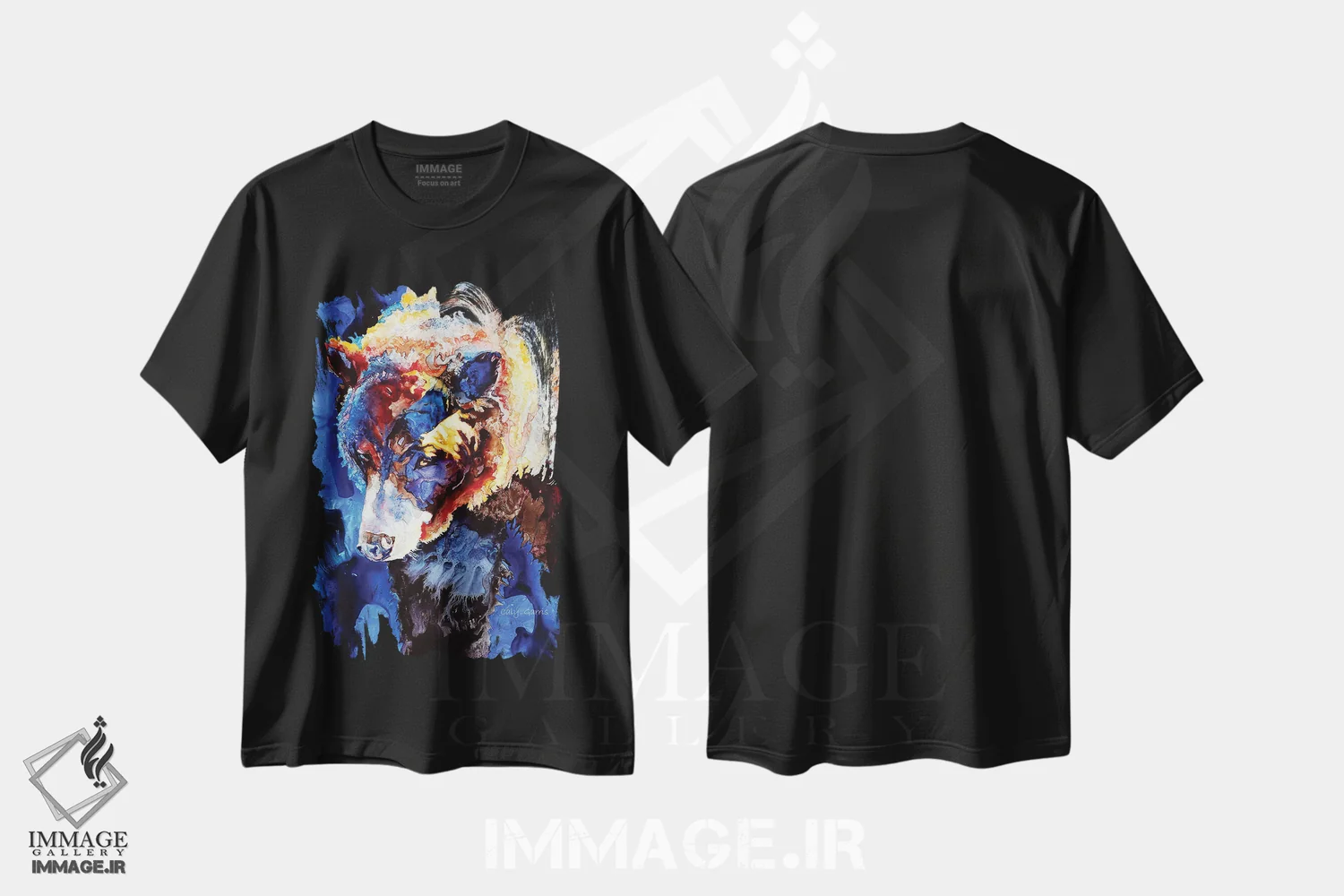 تیشرت مشکی طرح دار خرسی ماهی گیر، دکور کلبه و لژ اثر کالی گاریس | immage.ir