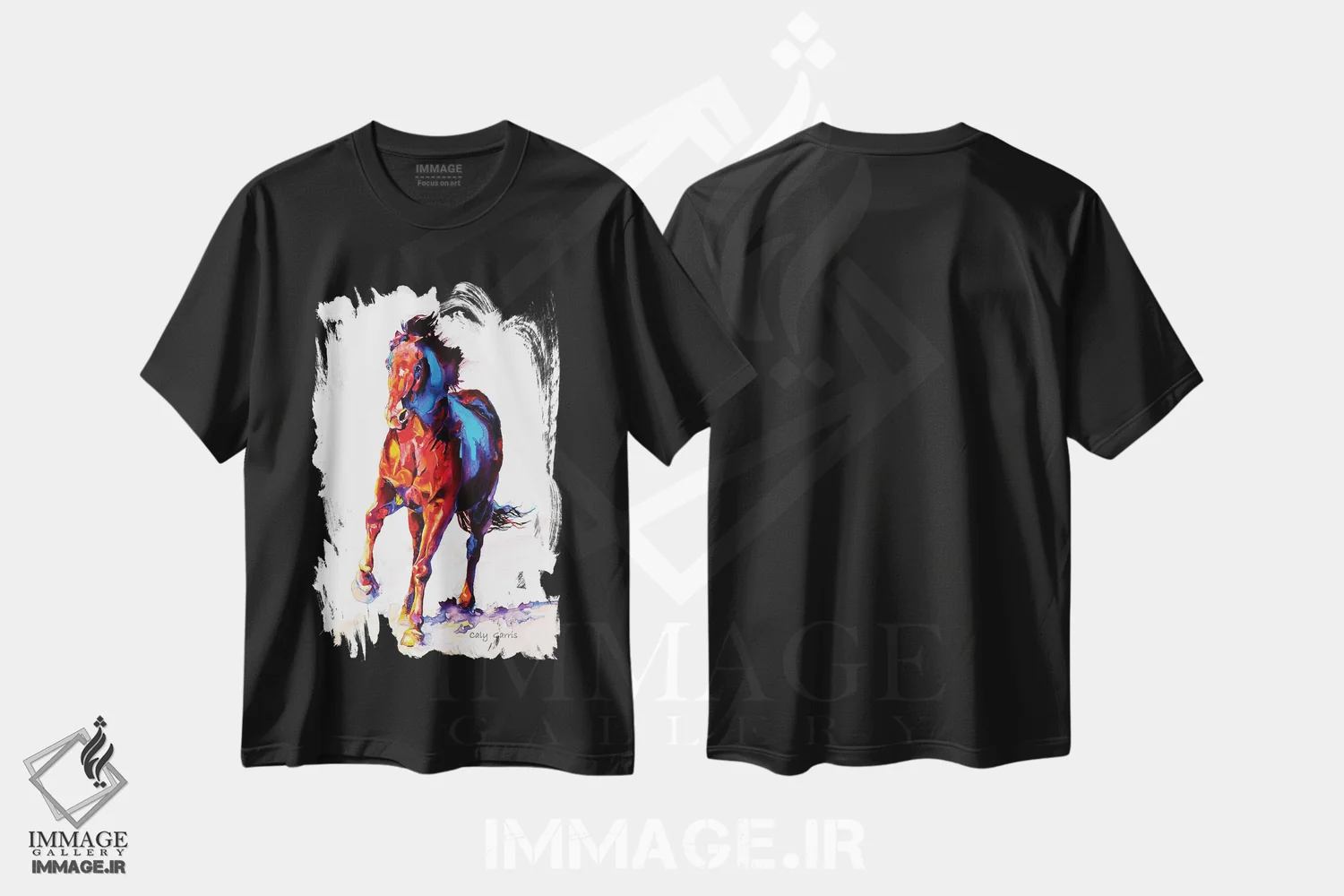 تیشرت مشکی طرح دار کت جوزف، دکور کلبه و لژ اثر کالی گاریس | فروشگاه ایماژ