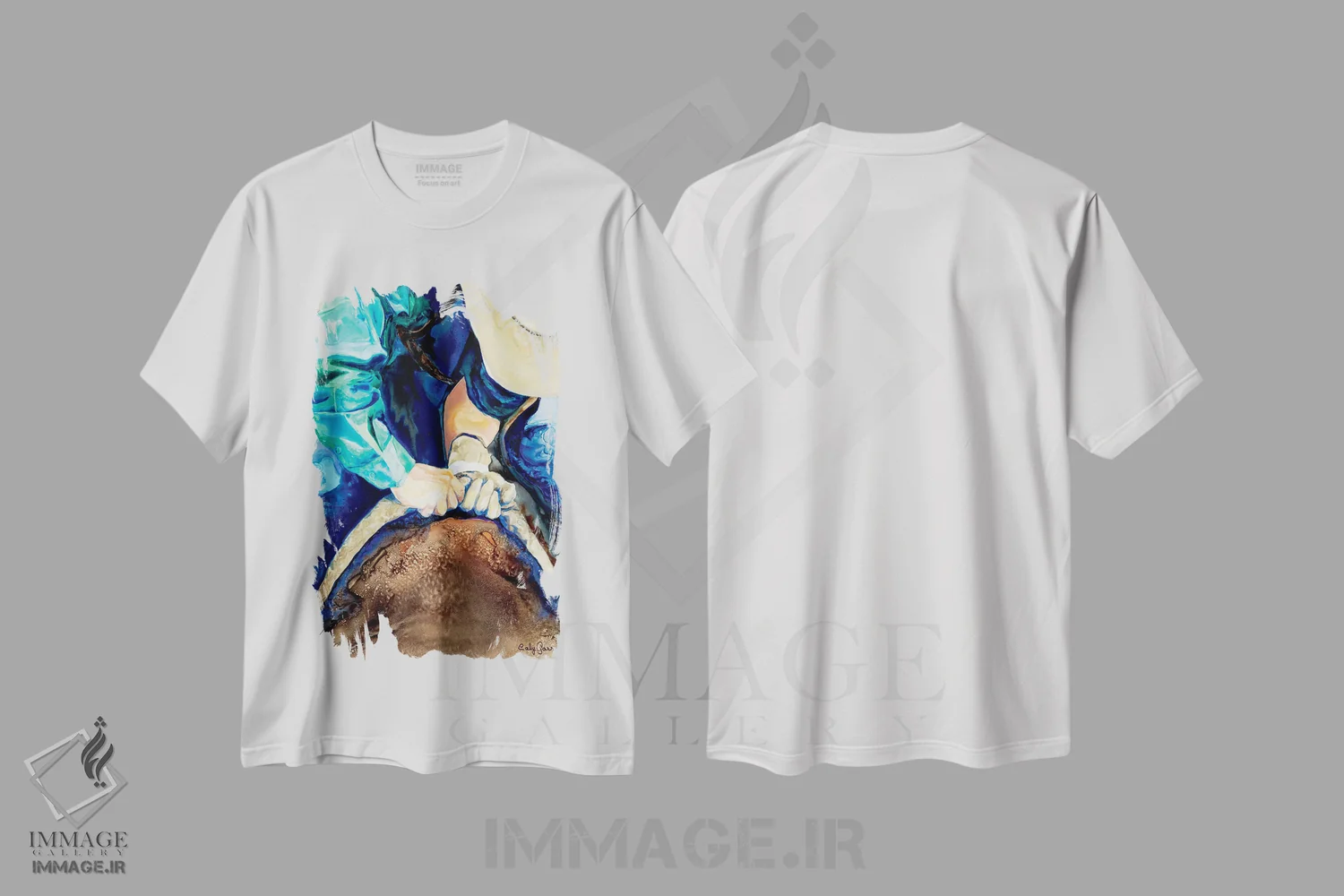 تیشرت سفید طرح دار خط حیات، دکور کلبه و لژ اثر کالی گاریس | فروشگاه ایماژ