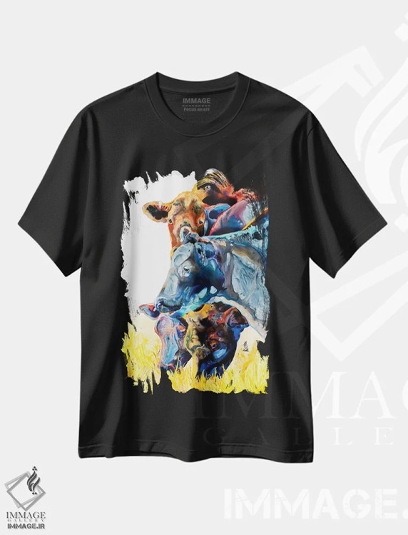 تیشرت مشکی طرح دار گاوهای صدادار بانشاط، دکور کلبه و لژ اثر کالی گاریس | فروشگاه ایماژ