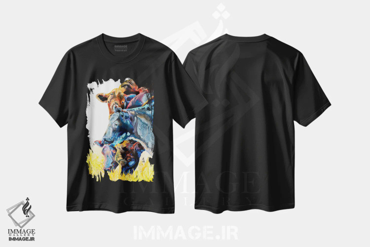 تیشرت مشکی طرح دار گاوهای صدادار بانشاط، دکور کلبه و لژ اثر کالی گاریس | فروشگاه ایماژ