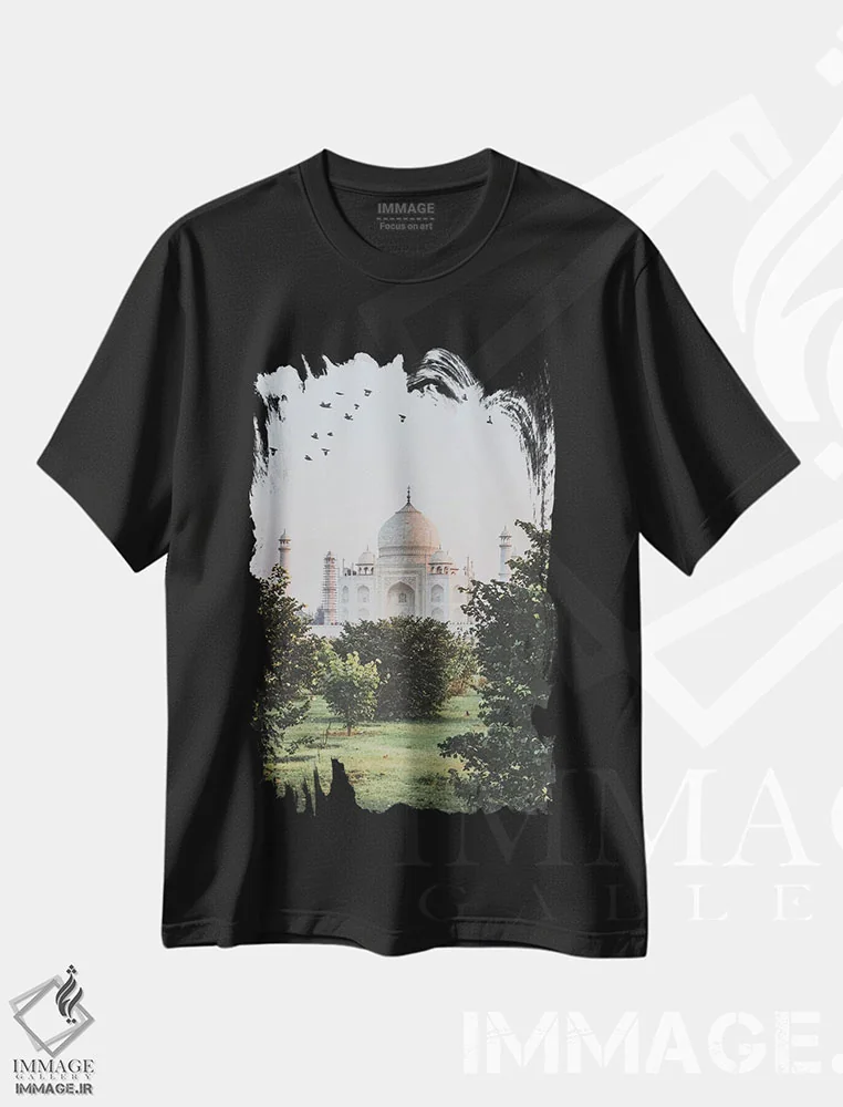 تیشرت مشکی طرح دار تاج محل، هند I، دکور آسیایی اثر لوک آنتونی گرم | فروشگاه ایماژ