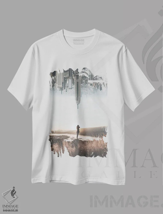 تیشرت سفید طرح دار مابین زمین و آسمان، عکاسی دو نوردهی اثر لوک آنتونی گرم | فروشگاه ایماژ