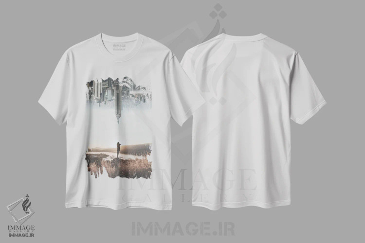 تیشرت سفید طرح دار مابین زمین و آسمان، عکاسی دو نوردهی اثر لوک آنتونی گرم | فروشگاه ایماژ