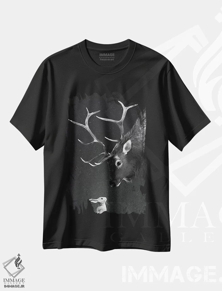 تیشرت مشکی طرح دار گوزن و خرگوش اثر لورا گریوز | فروشگاه ایماژ