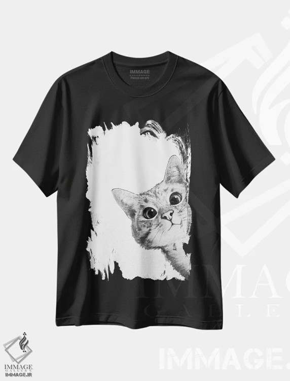 تیشرت مشکی طرح دار گربهٔ موذی، دست نقاشی و طراحی دستی اثر لورا گریوز | فروشگاه ایماژ