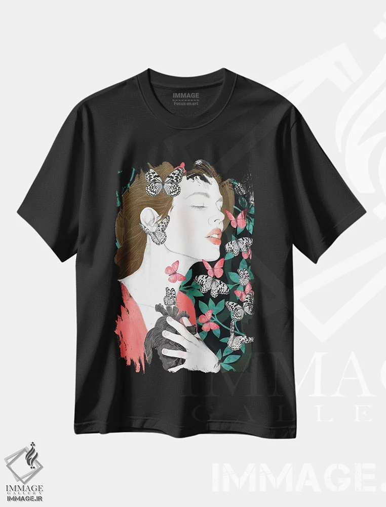 تیشرت مشکی طرح دار پروانه ها اثر لورا گریوز | immage.ir