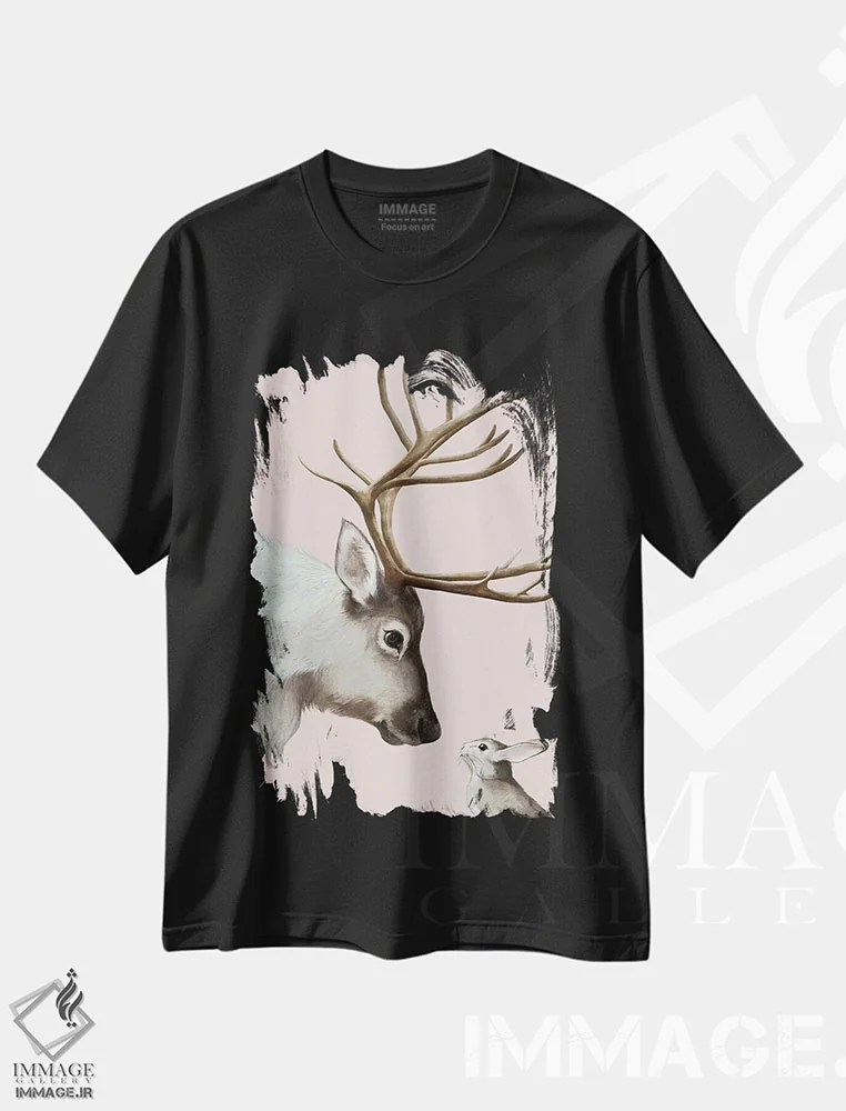 تیشرت مشکی طرح دار گوزن شمالی و خرگوش اثر لورا گریوز | فروشگاه ایماژ